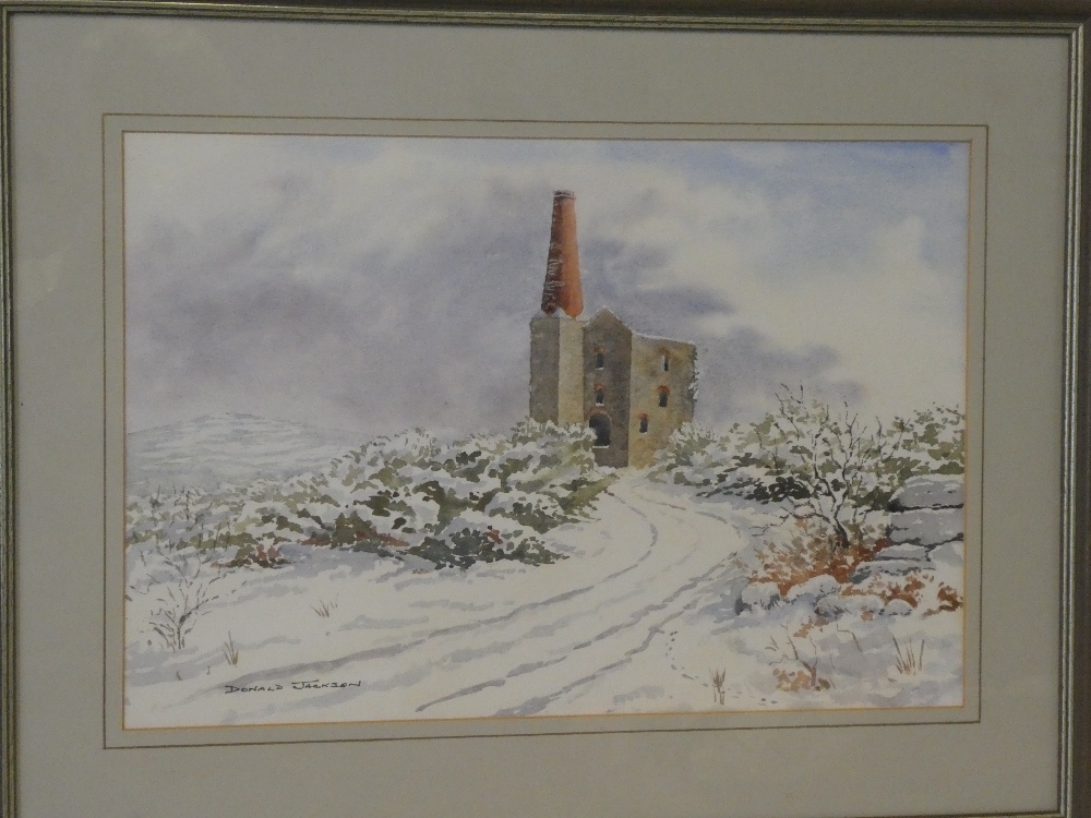 Donald Jackson - watercolour "Snow at Phoenix "- Mine Stack near Minions, signed, labelled to verso,