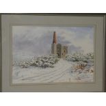 Donald Jackson - watercolour "Snow at Phoenix "- Mine Stack near Minions, signed, labelled to verso,