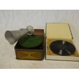 A German Bing "Pigmyphone" miniature gramophone with horn in original tin plate box together with a