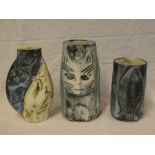 Three Cornish Carn pottery vases signed by John Beusman including cat decorated vase,