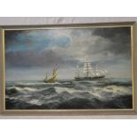 Alfred D Drew - oil on board Two sailing ships at sea, signed,
