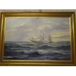 Alfred D Drew - oils on boards Three masted sailing ship at sea, signed,