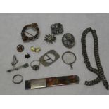 A selection of various silver mounted jewellery including brooches, necklace,