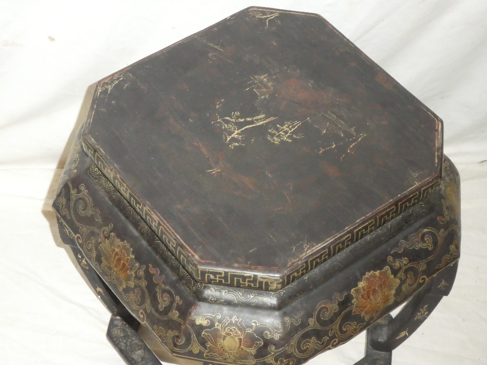 An old Eastern lacquered square jardiniere stand with gilt floral and scroll decoration, - Image 3 of 3