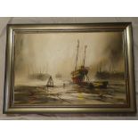 John Bampfield - oil on canvas Harbour scene with fishing boats, signed,