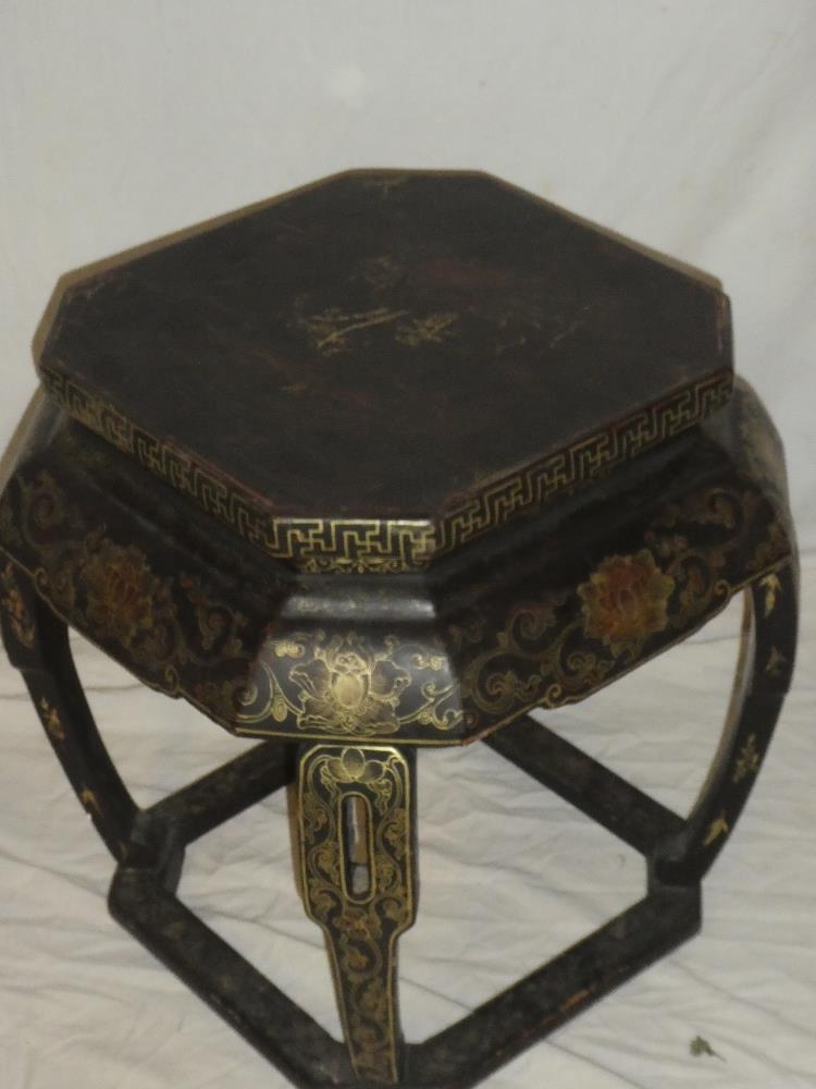 An old Eastern lacquered square jardiniere stand with gilt floral and scroll decoration, - Image 2 of 3