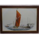 J** Chaplin - oil on board "Goldsmith's Barge - Servic" off the coast, signed and dated 1984,