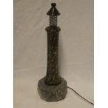 A Cornish serpentine table lamp in the form of a lighthouse,