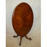 A mid-19th Century burr walnut oval tilt-top breakfast table with lobed column on scroll-shaped