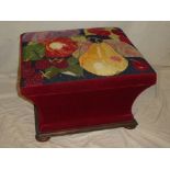 A good quality Victorian mahogany square tapered stool with box seat enclosed by a fruit decorated