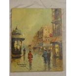 Artist Unknown - oil on canvas Paris street scene with figures, indistinctly signed,