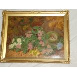 W**H** Hunt - oil on canvas Study of flowers, bird's nest and eggs, inscribed to verso,