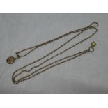 A 9ct gold long guard necklace set two various fobs