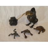Five various bronze frog figures including two frog inkwells, frog stamp box,