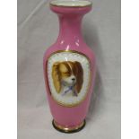 A 19th Century opaque glass tapered vase decorated with oval portrait of a dog on pink ground,