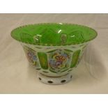 A good quality green and opaline tinted glass tapered bowl with floral decorated panels,