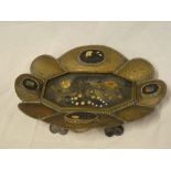 An unusual 19th Century brass table centre with inset semi-precious stone panels depicting flowers,