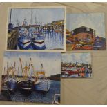 Amy Parsons - oils on canvases Four studies of Newlyn and Penzance including "Crabbers at Newlyn,