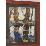 Lesley Heath - oil on board Figures paddling, signed with initials,