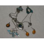 Three various Art Nouveau-style enamelled pendant necklaces, silver bug brooch set turquoise,