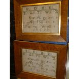 A pair of Victorian needlework rectangular samplers depicting letters and numbers by Alice Mugg,