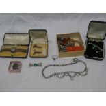 A selection of various costume jewellery including ladies silver mounted watch, necklaces, brooches,