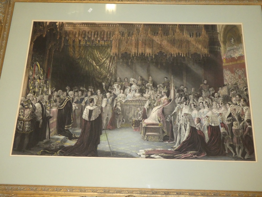 A pair of large coloured engravings depicting Queen Victoria's wedding and procession, - Image 2 of 2