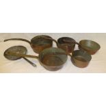 Six various 19th Century and later copper and brass saucepans
