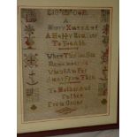 A rectangular needlework sampler including text and emblems dated 1904