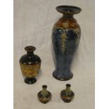 A Royal Doulton pottery tapered vase with blue and brown glazed decoration (small chip),