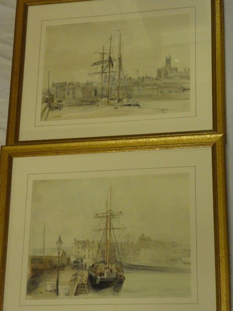 James Wilkie - watercolours Penzance Harbour with fishing boats, signed,