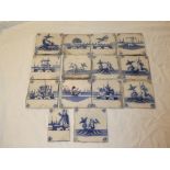 Thirteen various 18th and 19th Century ceramic square tiles with blue and white decoration