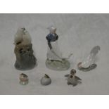 Six Royal Copenhagen china figures including a female with goose, cockerel, birds on a branch,