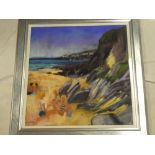 Lynn Golden - pastel Cornish coastal scene with figures on a beach, signed,