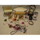 A selection of various costume jewellery including 9ct gold mounted earrings and others,