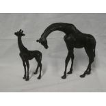 A pair of bronze sculptures "Giraffe Mother and Baby" by J Sanders of the Nelson & Forbes Sculpture