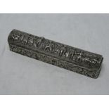 An Edward VII silver rectangular ring box decorated in relief with numerous figures and scrolls,