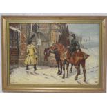 T**Hacche - oil on canvas Figures and horses outside an inn,