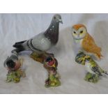 A Beswick china pigeon and four other Beswick china birds including owl, bullfinch (wing chip),