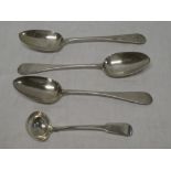 Three Victorian matching silver serving spoons,