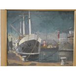 Hugh E Ridge - oil on canvas Harbour scene with boats, signed,