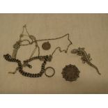 A selection of various silver and other jewellery including chain link bracelet, lizard brooch,