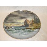 A large Continental pottery circular wall plaque with Mediterranean coastal scene decoration,