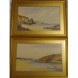 Ernest S Old - watercolours "The Gannel/Bishop Rock, Newquay", signed, labelled to verso,