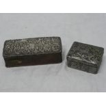 An Edward VII silver mounted leather rectangular table box with scroll decorated hinged lid,