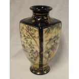 A Japanese Meiji period square tapered vase with painted panels of figures and flowers,