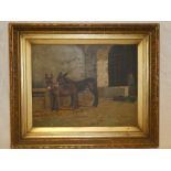 Artist Unknown - oil on canvas A study of two donkeys outside a stable,