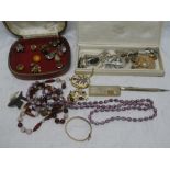 A selection of various costume jewellery including mourning brooch, rolled gold propelling pencil,