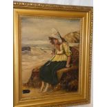 T**P**H** - oil on canvas Coastal scene with seated fisherworman, signed with initials,