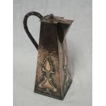 An old Art Nouveau beaten copper square tapered jug with hinged lid and loop handle,